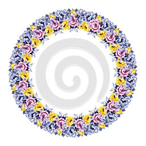 Wreath with purple lilac and lemon yellow flowers, green leaves and branches in vintage watercolor style. Vector circle