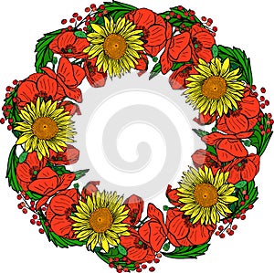 Wreath of red blossoming poppies, yellow sunflowers and green le