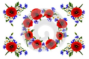 Wreath of red poppies, cornflowers and chamomile on white background with space for text. Flat lay