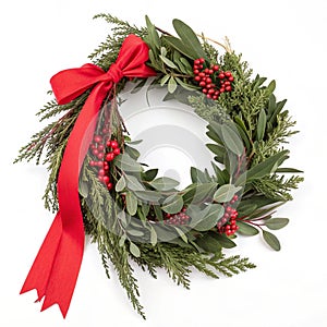 Wreath red ribbon isolated on white background photo