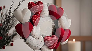 A Wreath of Red and White Fabric Hearts