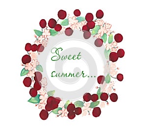 Wreath of ripe bards of cherries with leaves and white flowers with an inscription sweet summer photo