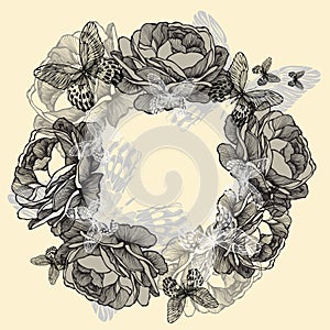 Wreath of roses, butterflies, hand-drawing. Vector