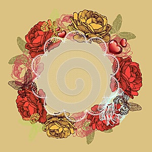 Wreath of roses and butterflies, valentines day. Vector illustration.