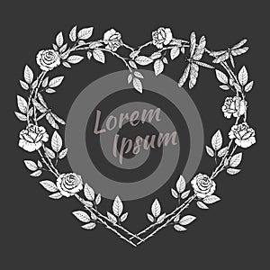 Wreath of roses flowers and butterflyes in form of heart. isolated on black background. Floral frame design elements for