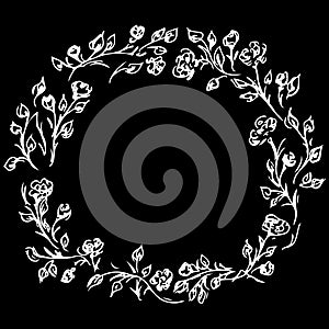 Wreath of roses or peonies flowers and branches isolated on black background. Foral frame design elements for invitations,