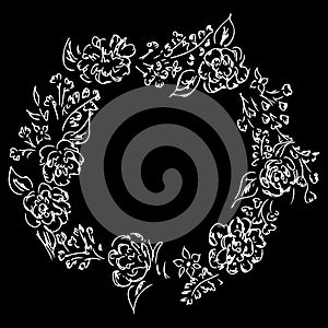 Wreath of roses or peonies flowers and branches isolated on black background. Foral frame design elements for invitations,