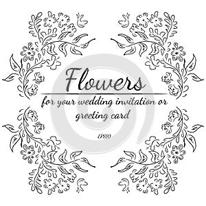 Wreath of roses or peonies flowers and branches isolated on white background. Foral frame design elements for invitations,