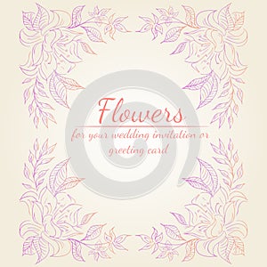 Wreath of roses or peonies flowers branches with pink, purple and coral colors. Floral frame design elements for wedding