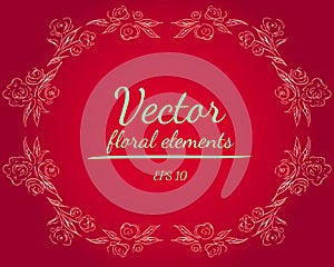 Wreath of roses or peonies flowers and branches with red, carmine, sundown, fringy flower gradient colors. floral frame design