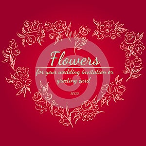Wreath of roses or peonies flowers in form of heart. Floral frame design elements for your wedding invitation and greeting card.
