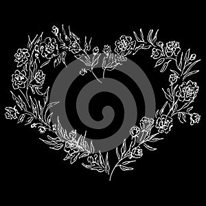 Wreath of roses or peonies flowers in form of heart. isolated on black background. Foral frame design elements for invitations,