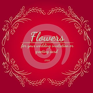 Wreath of roses or peonies flowers with red, carmine, sundown, fringy flower gradient colors. Floral frame design elements for