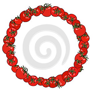 Wreath or Round Frame of Red Tomato. Fresh Ripe Vegetable. Healthy Vegetarian Menu. Hand Drawn Vector Illustration. Savoyar Doodle