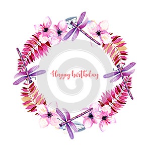 Wreath, round frame with watercolor purple dragonflies, pink flowers and branches