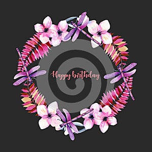 Wreath, round frame with watercolor purple dragonflies, pink flowers and branches