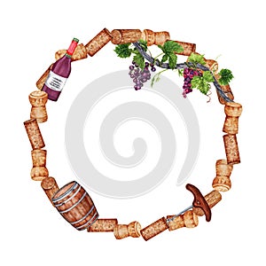 Wreath round frame with wine corks, bunch of grapes, barrel and and bottle of red wine. Watercolor illustration perfect for