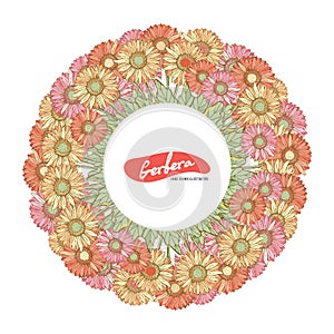 Wreath save the date. Gerbera chamomile red, pink, yellow, orange. Vector illustration. Summer and autumn flowers. Isolated on