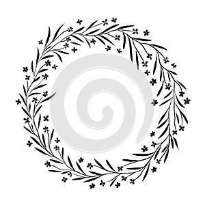 Wreath of simple graphic wildflowers and leaves isolate on white background