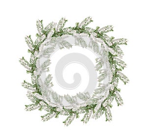 wreath of snow-covered branches of Christmas tree isolated on white background