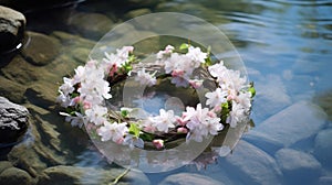 A wreath of spring flowers floats on the river. National traditions Ivan Kupala