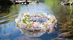 A wreath of spring flowers floats on the river. National traditions Ivan Kupala