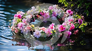 A wreath of spring flowers floats on the river. National traditions Ivan Kupala