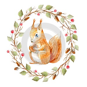 Wreath of a squirrel, branches, acorn, berries, nuts, leaves.