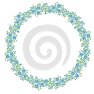 Wreath of tiny stylized blue flowers forget-me-nots on white background