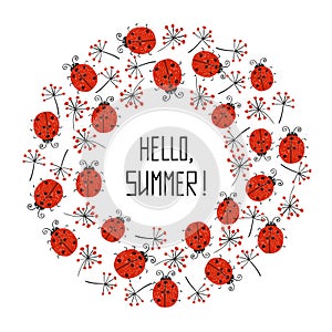 Wreath vector illustration made of branches and ladybugs.