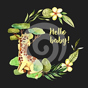 Wreath with watercolor cute giraffe, flowers and floral elements, baby shower card design