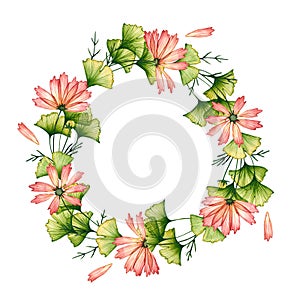 Wreath with watercolor leaves, flowers, petals. Hand drawn illustration isolated on white. Floral round frame