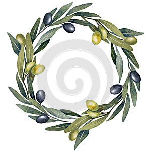 Wreath with watercolor olive tree branch with leaves, green and black olives fruit isolated on white background. Hand