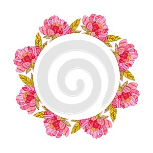 Wreath of watercolor pink peonies isolated on a white background. Floral frame for creating invitations, posters, cards.