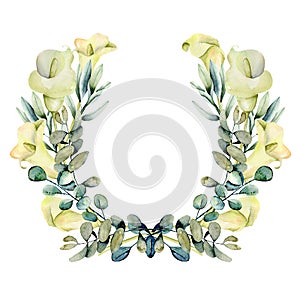 Wreath with watercolor white callas flowers and eucalyptus branches