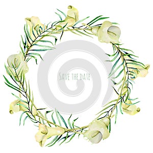Wreath with watercolor white callas flowers and fern leaves