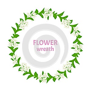 Wreath of white flowers with green leaves. Vector illustration of stevia