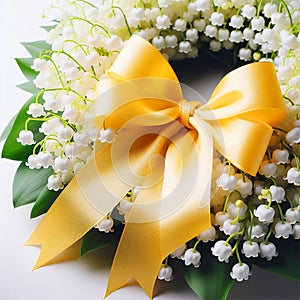 A wreath of white lilies of the valley is decorated with a bright orange silk ribbon bow. The background is white