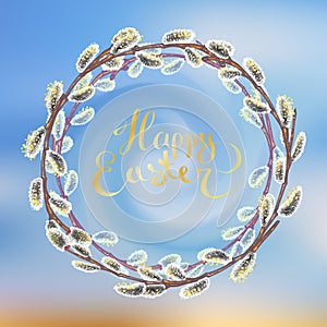 Wreath of Willow branches on blurred spring sky background. vector illustration