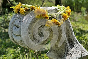 Wreath of yellow dandelion flowers placed on decorative stone
