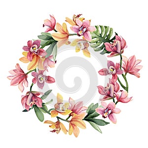 Wreath of yellow, rose orchid flowers and leaves on white background