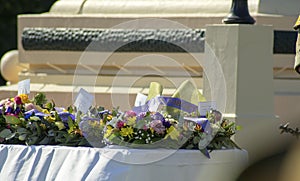 Wreathes waiting to be laid on ANZAC day, Leeton, NSW, Australia