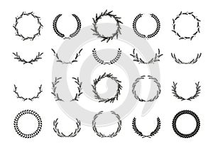 Wreaths of ears wheat. Design element for decoration of award, coat of arms, logo, trademark, medal, label. Black silhouette on