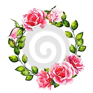 Wreaths, floral frames, watercolor flowers roses, Illustration hand painted. Isolated on white for greeting card design