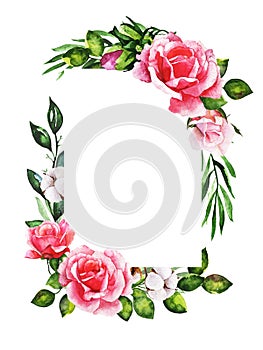 Wreaths, floral frames, watercolor flowers roses, Illustration hand painted. Isolated on white for greeting card design
