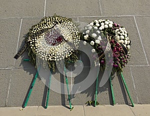 Wreaths of flowers at the monument to the genocide of the Armenians