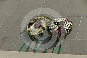 Wreaths of flowers at the monument to the genocide of the Armenians