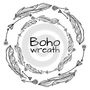 Wreaths of hand drawn feathers with boho pattern