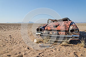 Wreck of classic saloon car abandoned deep in the Namib Desert of Angola