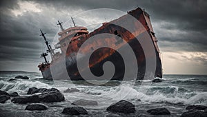 Wreck of an old ship on the sea in the storm